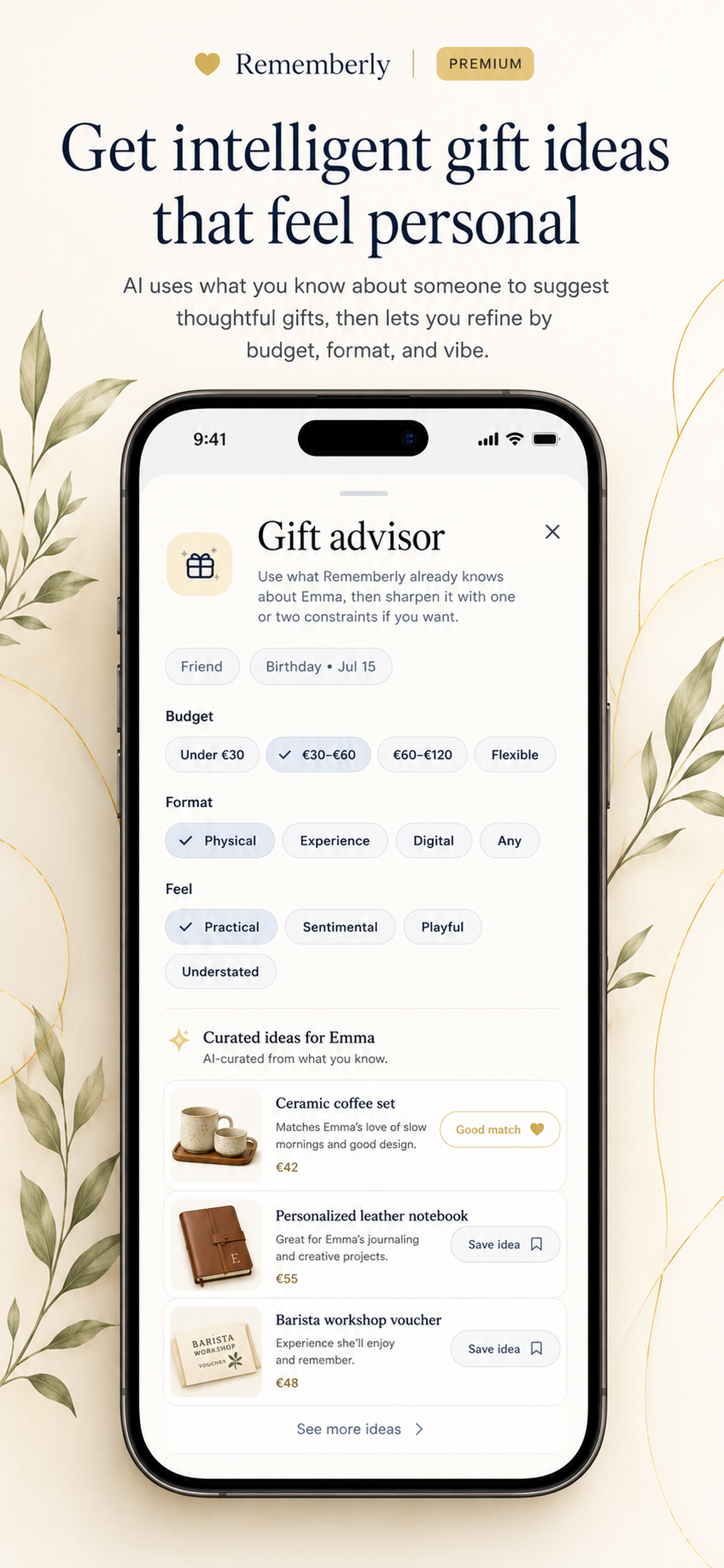 Rememberly gift advisor with personal gift ideas.