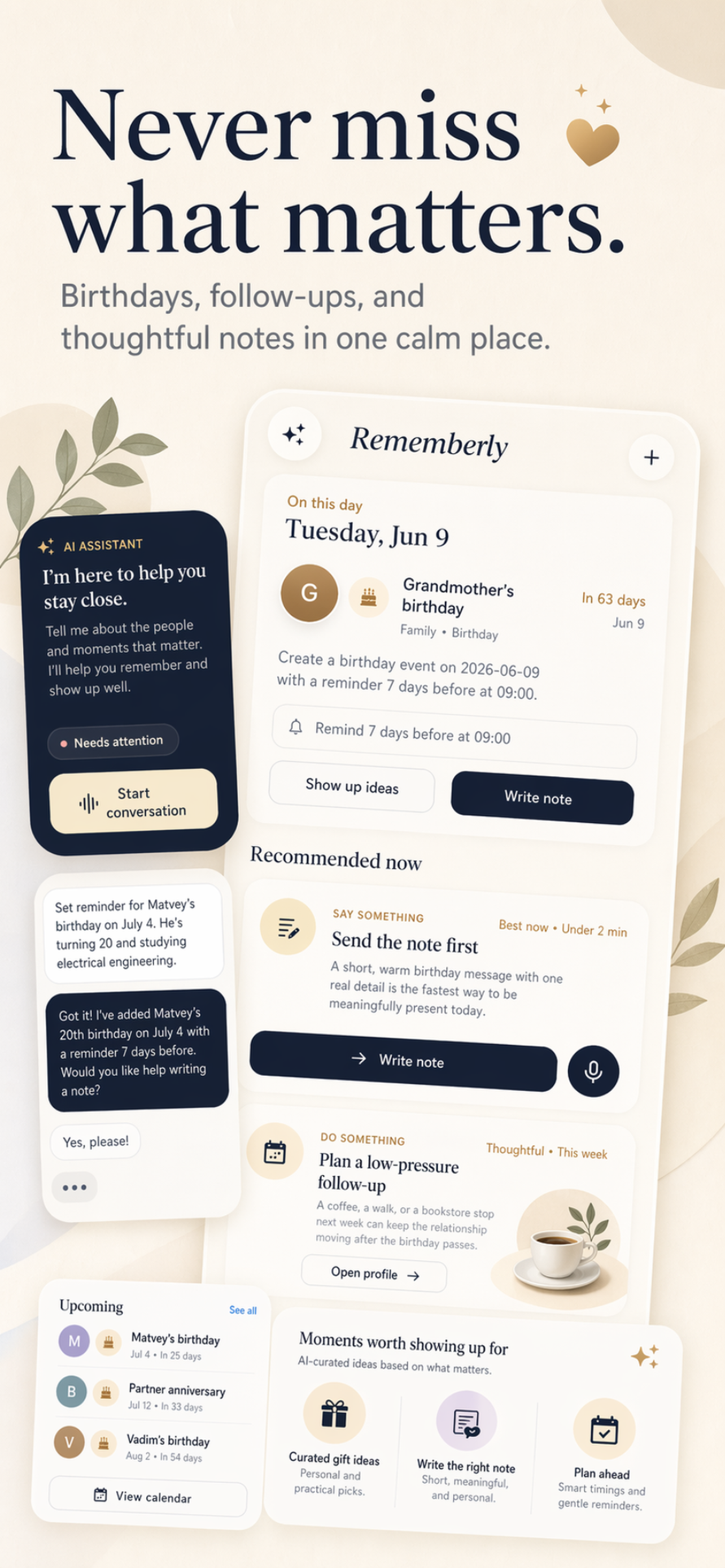 Rememberly app preview showing reminders, AI assistant, and thoughtful follow-up suggestions.