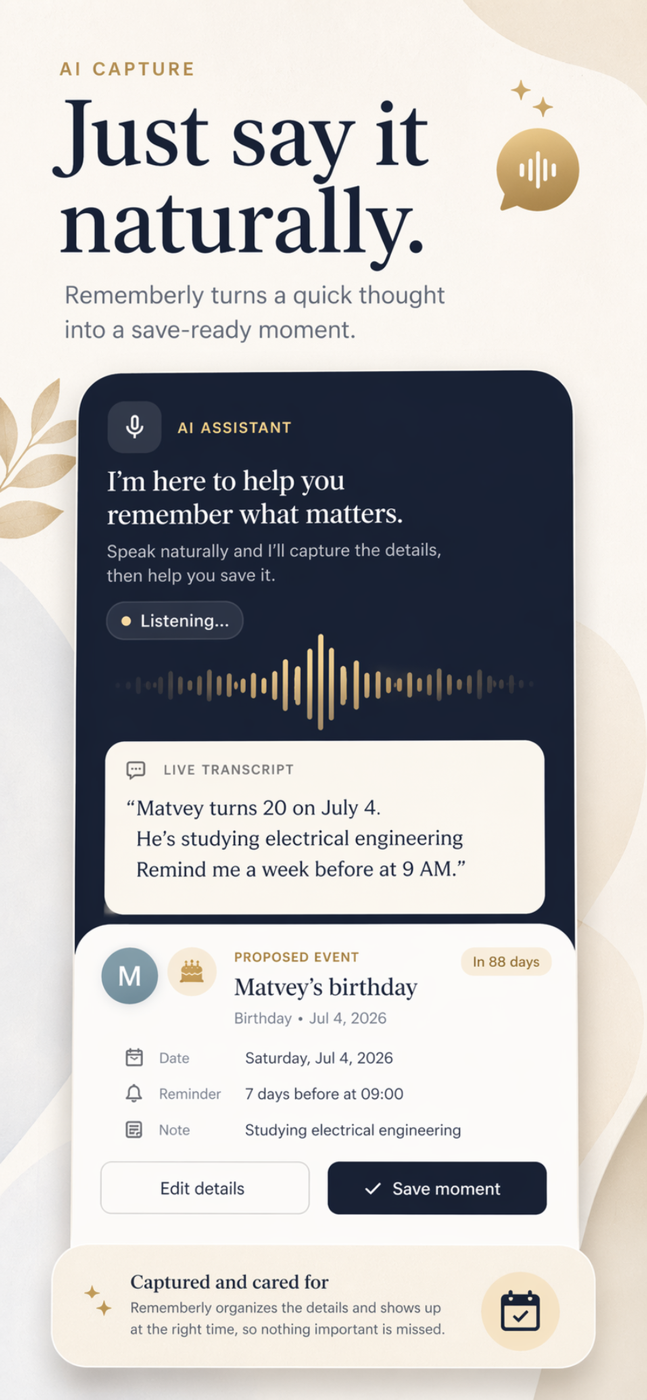 Rememberly person profile showing dates, notes, and message history.